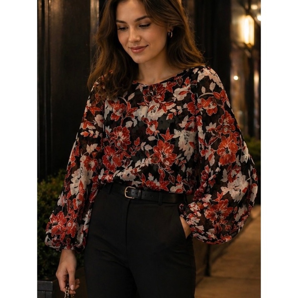 White House Black Market Womens Blouse Red 8P‎ Floral Top Office Work Whimsgoth